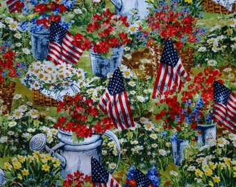 Patriotic Garden, Cotton Fabric by Timeless Treasures. Summer Flowers, Watering Cans, Flags. By the Half Yard, 18" long x 43" wide.