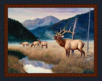 King of the Valley Elk Panel. Bugling Bull Elk with Does in the Valley with Mountains in the Background. Sold by the Panel, 36" t x 43" w.