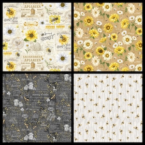 Sweet Bees. Cotton Fabric by Timeless Treasures. Vintage Signage, Barnwood, Florals, and Bees on Wood. By the Half Yard, 18&quot; x 43&quot; wide.