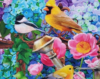 Hydrangea Garden by Janie Lee Designs for StudioE, Cotton Fabric. Vibrant Colored Flowers and Birds. By the Half Yard. 18" long x 43" wide.
