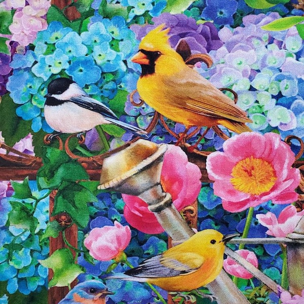 Hydrangea Garden by Janie Lee Designs for StudioE, Cotton Fabric. Vibrant Colored Flowers and Birds. By the Half Yard. 18" long x 43" wide.