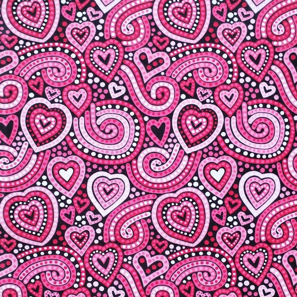 Paisley Hearts. Cotton Fabric by Fabric Traditions. Hearts in Pinks, Reds, White, and Black. By the Half Yard, 18" long x 43" wide.