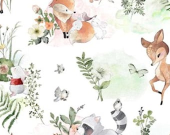 FLANNEL. Nature Baby, Cotton Flannel. Watercolor Fox, Fawn, Raccoon, Bunny, Mouse, on White. By the Half Yard, 18" long x 41" wide.