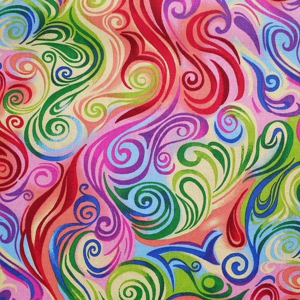 Rainbow Swirl. Cotton Fabric by Fabric Traditions. Abstract Swirls of Yellow, Blue, Green, Pink, and Orange. By the Half Yard, 18" x 43".