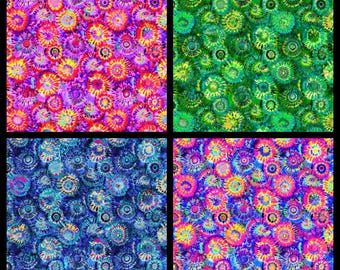 Happy Tie Dye. Cotton Fabric. Blue, Green, Pink, and Purple with Splashes of Yellow and Turquoise. By the Half Yard, 18" long x 43" wide.