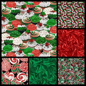Sweet Holidays. Cotton Fabric by Greta Lynn for Kanvas Fabrics. Candies, Cupcakes, and Matching Swirls. By the Half Yard, 18" x 43" wide. image 1