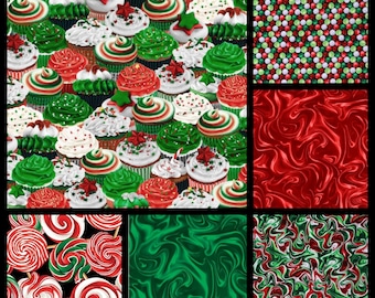 Sweet Holidays. Cotton Fabric by Greta Lynn for Kanvas Fabrics. Candies, Cupcakes, and Matching Swirls. By the Half Yard, 18&quot; x 43&quot; wide.