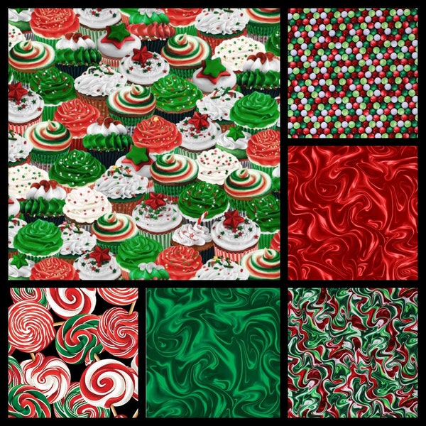 Sweet Holidays. Cotton Fabric by Greta Lynn for Kanvas Fabrics. Candies, Cupcakes, and Matching Swirls. By the Half Yard, 18" x 43" wide.