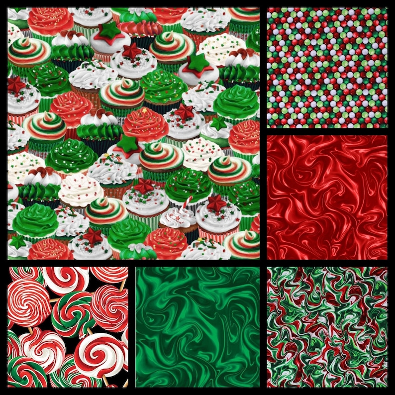 Sweet Holidays. Cotton Fabric by Greta Lynn for Kanvas Fabrics. Candies, Cupcakes, and Matching Swirls. By the Half Yard, 18" x 43" wide. image 1