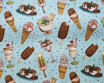 Ice Cream Delight Cotton Fabric. Ice Cream Cones, Bars, Sundaes, Parfaits on Aqua Background. By the Half Yard. 18" long x 43" wide.