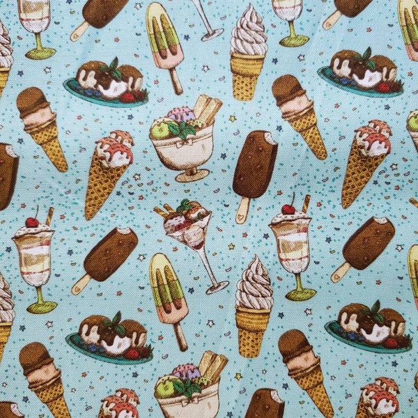 Ice Cream Delight Cotton Fabric. Ice Cream Cones, Bars, Sundaes, Parfaits on Aqua Background. By the Half Yard. 18" long x 43" wide.