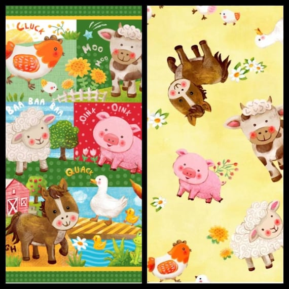 Wee Ones Cotton Fabric Bright Farm Panel or Coordinating Print. Panel, 36" x 43". Coordinating Fabric, By the Half Yard, 18" x 43".