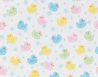 FLANNEL. Ducky Bubbles. Blue, Pink, Yellow & Green Rubber Ducks and Blue Bubbles Floating on a White Background. By the Half Yard, 18"x43".