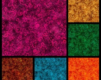 Scrolling. Cotton Fabric. 6 Options, Brown, Green, Blue, Pink, and Orange Hues with Pretty Scrolling Design. By the Half Yard, 18"x43" wide.
