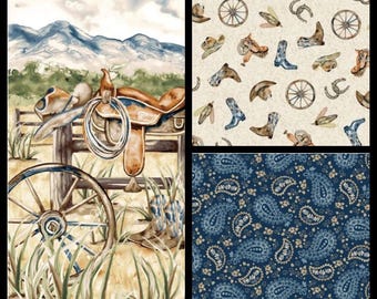 Western View. Cotton Fabric. Watercolor Panel OR Coordinating Fabric in Blues, Beiges, Greens, and Browns. By the Half Yard, 18"x43" wide.