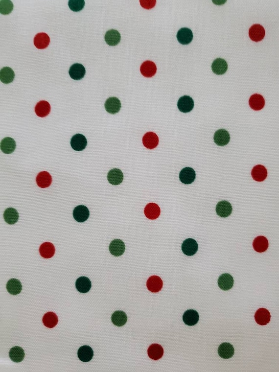 Polka-dot Christmas Mixer, 100% Cotton Fabric. Green and Red Dots on White. By the Half Yard, 18" long x 43" wide.