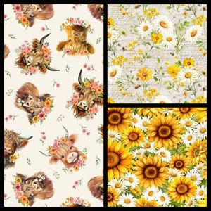 May include: A collage of floral and animal patterns. One panel features Highland cows with floral crowns on a cream background. Another shows daisies and yellow flowers with script on a gray background. The last panel displays sunflowers and daisies.