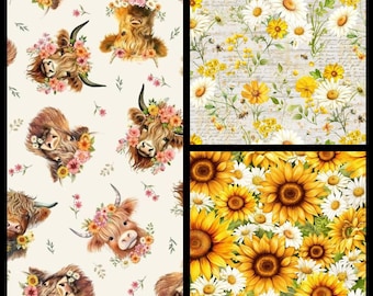 Highland Cows & Honey Bees. 3 Coordinating Cotton Prints. Sunflowers, Daisies, Cows, Bees, Barnwood, and Script. By the Half Yard, 18"x43".