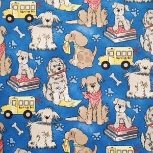 School Pups. Cotton Fabric by Fabric Traditions. Puppies and School Pictures on Bright Blue. By the Half Yard, 18&quot; long x 43&quot; wide.
