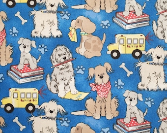 School Pups. Cotton Fabric by Fabric Traditions. Puppies and School Pictures on Bright Blue. By the Half Yard, 18" long x 43" wide.