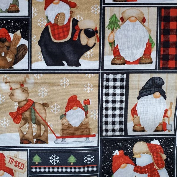 Timber Gnomies by Shelly Comiskey for Henry Glass Cotton Fabric. Snowmen, Bear,  Moose, and Beaver. By the Half Yard. 18" long x  43" wide.