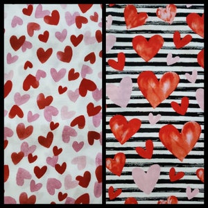 Scattered Hearts, Cotton Fabric by Brother Sister Design Studio. Hearts on White or Black/White Stripe. By the Half Yard. 18&quot; x 43&quot; wide.