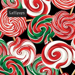 Sweet Holidays. Cotton Fabric by Greta Lynn for Kanvas Fabrics. Candies, Cupcakes, and Matching Swirls. By the Half Yard, 18" x 43" wide. Lollipops
