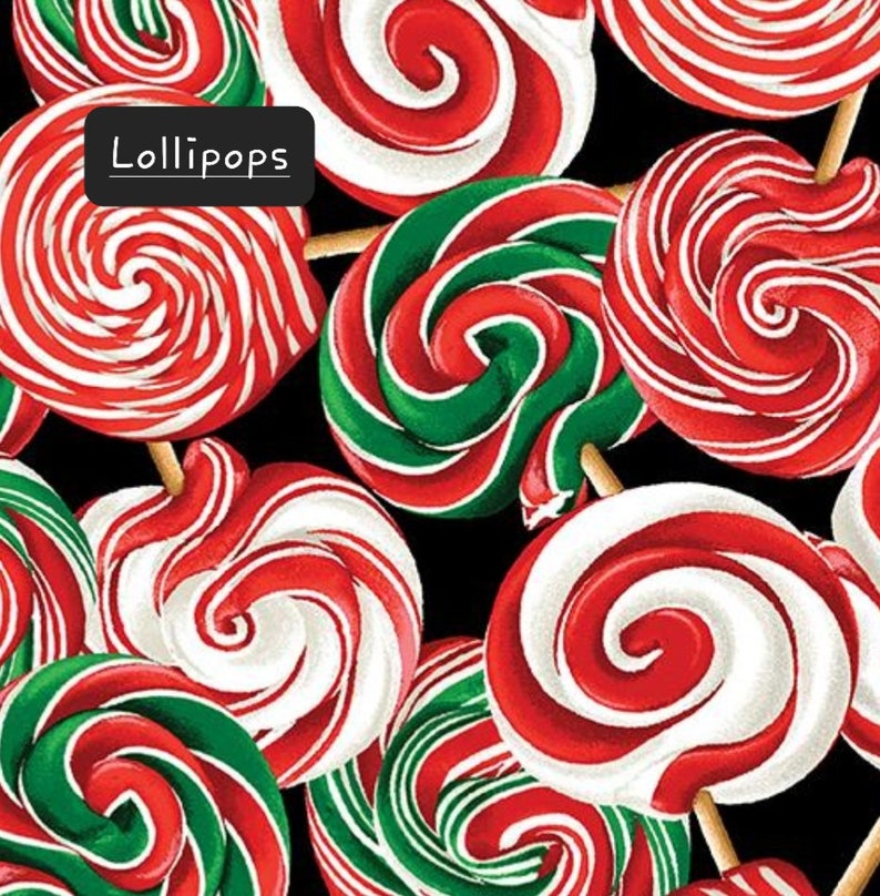 Sweet Holidays. Cotton Fabric by Greta Lynn for Kanvas Fabrics. Candies, Cupcakes, and Matching Swirls. By the Half Yard, 18" x 43" wide. Lollipops