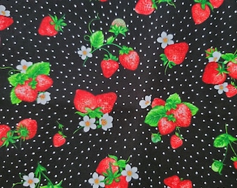 Summer Strawberries. Cotton Fabric by Timeless Treasures. Berry Clusters and Blossoms on Black with White Dot. By the Half Yard, 18"x43".