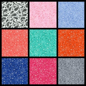 Paisley Bandana Cotton Fabric, Pink, Blue, Caribbean, Orange, Coral, Flamingo, Gray, White, Royal. By the Half Yard. 18&quot; long x 43&quot; wide.