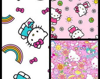 Hello Kitty. Cotton Fabric. 3 Options: Rainbow, Sunshine, or Garden Doodle. Pinks, Yellows, Blues, and Greens. By the Half Yard, 18"x43".