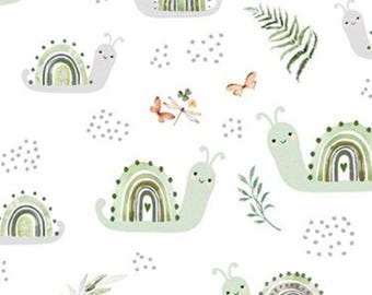 FLANNEL. Snail Siblings. Cotton Flannel. Snails, Butterflies, and Greenery, in Greens & Grays on White. By the Half Yard, 18"x41" wide.