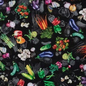 May include: A black background is covered with a colorful assortment of vegetables. The image features illustrations of tomatoes, carrots, eggplants, peppers, asparagus, corn, and more. The vegetables are in various colors, including red, orange, green, and purple.
