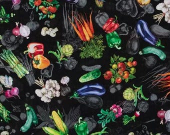 Farm Fresh Veggies. 100% Cotton Fabric by Michael Miller. Veggies and Veggie Echoes on Black.  By the Half Yard, 18" long x 43" wide.