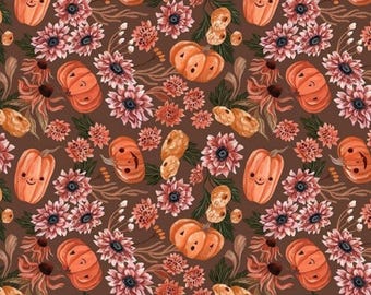 Sweet Pumpkins. Cotton Fabric by Dear Stella. Pumpkins with Expressions & Fall Florals on a Toffee Background. By the Half Yard, 18"x43".