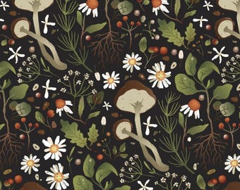 Woodland Mushrooms. Cotton Fabric by David Textiles. Mushrooms, Foliage, and Woodsy Flowers on Black. By the Half Yard, 18x43.