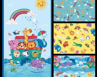 Noah and Friends. Cotton Fabric. Panel or 3 Coordinating Prints. Blue or Yellow with Primary Colors. By the Half Yard 18x43, or Panel 24x43.