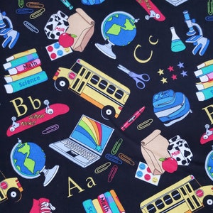 May include: A black and white fabric with a school theme. The fabric features a variety of school-related items, including a school bus, a globe, a backpack, a laptop, a lunch bag, a milk carton, a pair of scissors, a pencil, a crayon, a ruler, a book, a pair of sneakers, and the letters of the alphabet. The fabric is perfect for making school-themed crafts, such as tote bags, pillows, and blankets.