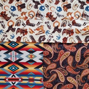 May include: A fabric with two different patterns. The top pattern is a white background with brown, black, and blue cowboy-themed images. The bottom pattern is a black background with orange and gold paisley designs.