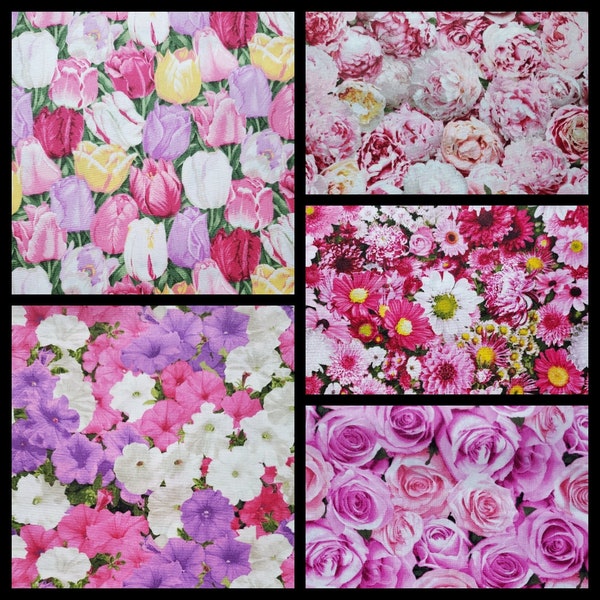 Pretty Pink Petals. Cotton Fabric by Fabric Traditions. Tulips, Peonies, Daisies, Roses, Petunias. By the Half Yard, 18" long x 43" wide.