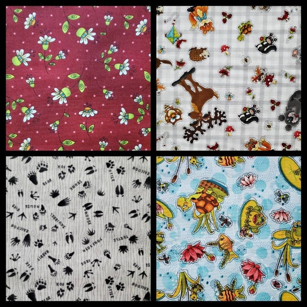 S'More Fun Outdoors, Cotton Fabric by Henry Glass. Coordinating Critters, Tracks, and Fun Flowers. By the Half Yard. 18" long x 43" wide.