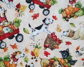 Autumn Pups. Cotton Fabric by Susan Winget. Puppies, Fall Leaves, Apples, Wagons, and Pumpkins, on Beige. By the Half Yard, 18" x 43" wide.