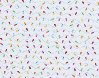 Christmas Lights. 100% Cotton. Tiny Strings of Lights in Red, Pink, Blue, Green, & Yellow on White.  By the Half Yard, 18" x 43" wide.