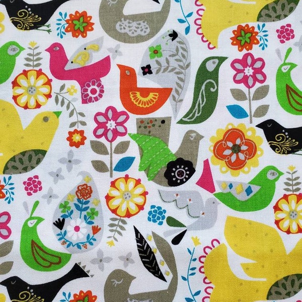 Fiesta by Jill McDonald for Windham Fabrics. Bright Abstract Hispanic Birds and Flowers on White. By the Half Yard. 18" long x 42" wide.