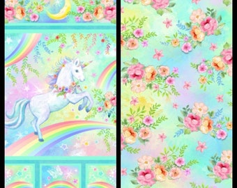 Wee Ones Watercolor Unicorn Panel or Coordinating Fabric by Oasis Fabrics. Pastel Colors. Panel, 36.5&quot; x 43&quot;. Coordinating, 18&quot; x 43&quot;.