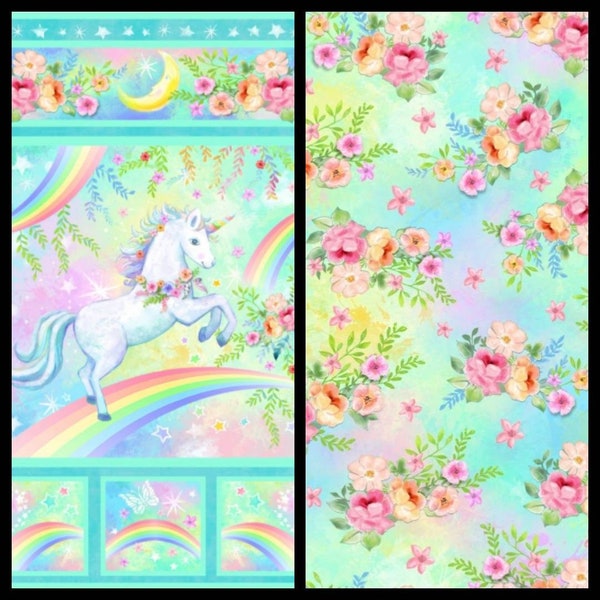 Wee Ones Watercolor Unicorn Panel or Coordinating Fabric by Oasis Fabrics. Pastel Colors. Panel, 36.5" x 43". Coordinating, 18" x 43".