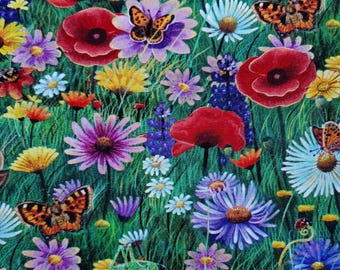 Nature's Music by Elizabeth's Studio. Cotton Fabric. Summer Meadow Flowers, Grass, Butterflies, and Ladybugs. By the Half Yard, 18"x43".