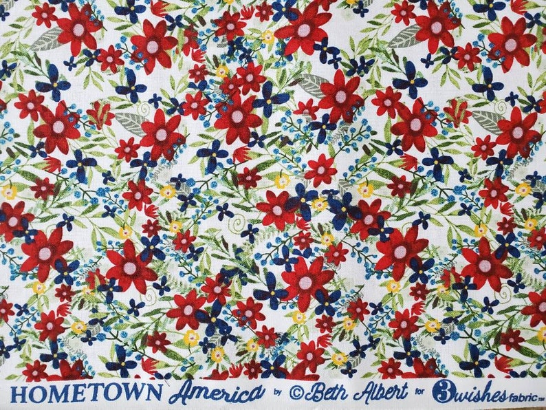 May include: Red, white, and blue floral fabric with the text "HOMETOWN America by Beth Albert for 3wishes fabric".