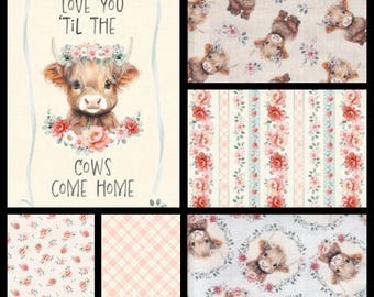 Til The Cows Come Home. Cotton Fabric. Baby Cow or 5 Coordinating Prints, Choice. Ivory, Coral, Aqua. By the Half Yard, 18x43. Panel 24x43.