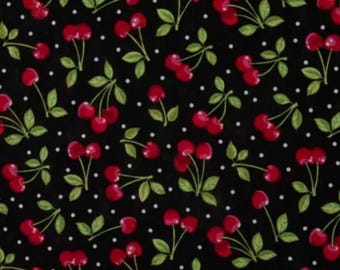 Sweet Summer Cherries. Cotton Fabric. Deep Red Cherries with Green Leaves and White Dots on Black. By the Half Yard, 18"x43".